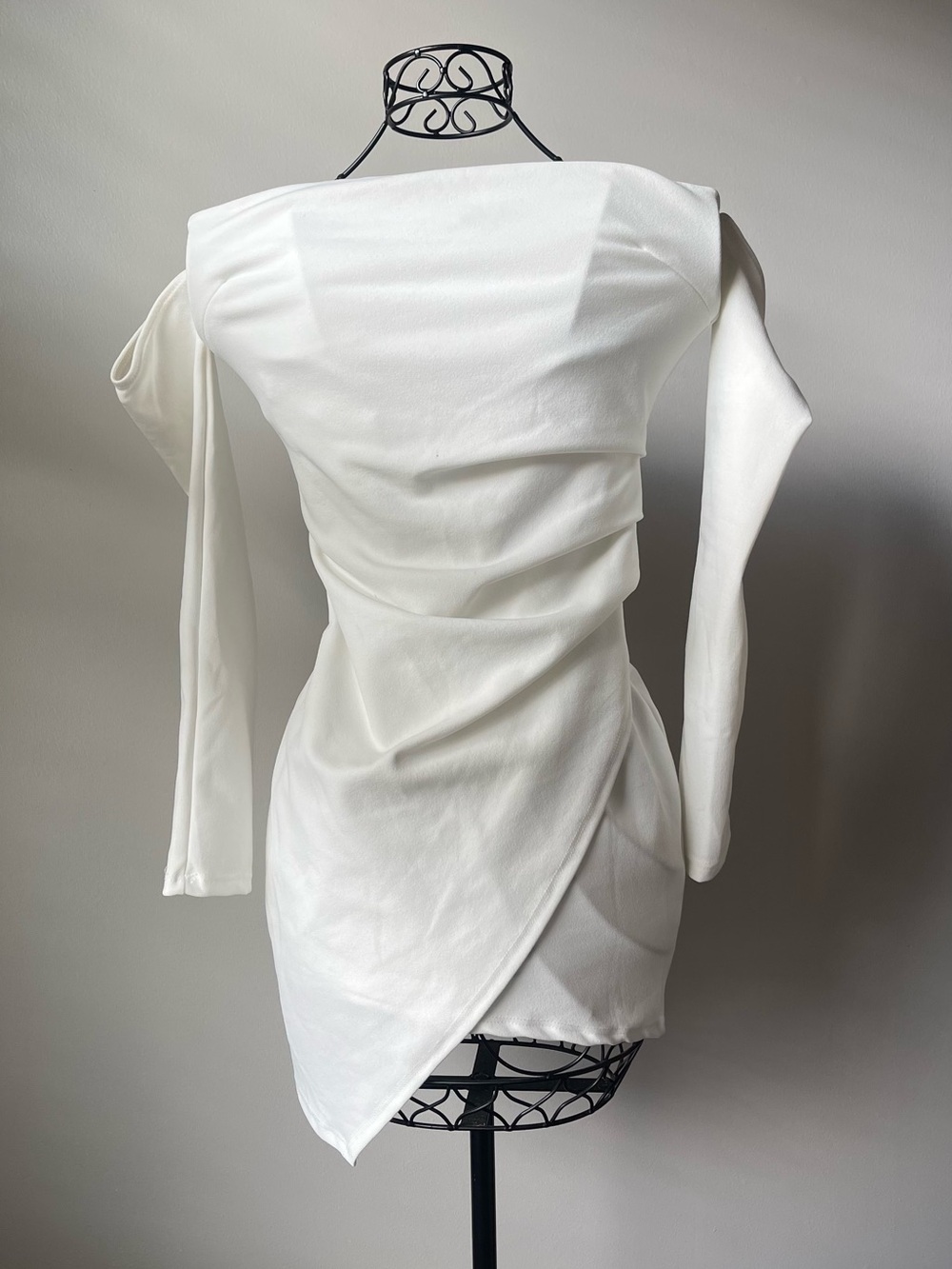 White Off-Shoulder Draped Mini Dress with tags